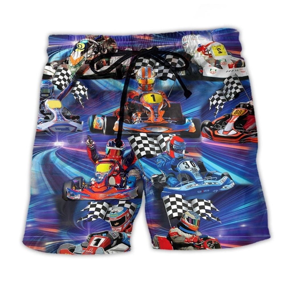 Kart Racing Blue Beach Shorts For Resort Days And Easy Warm Weather Wear