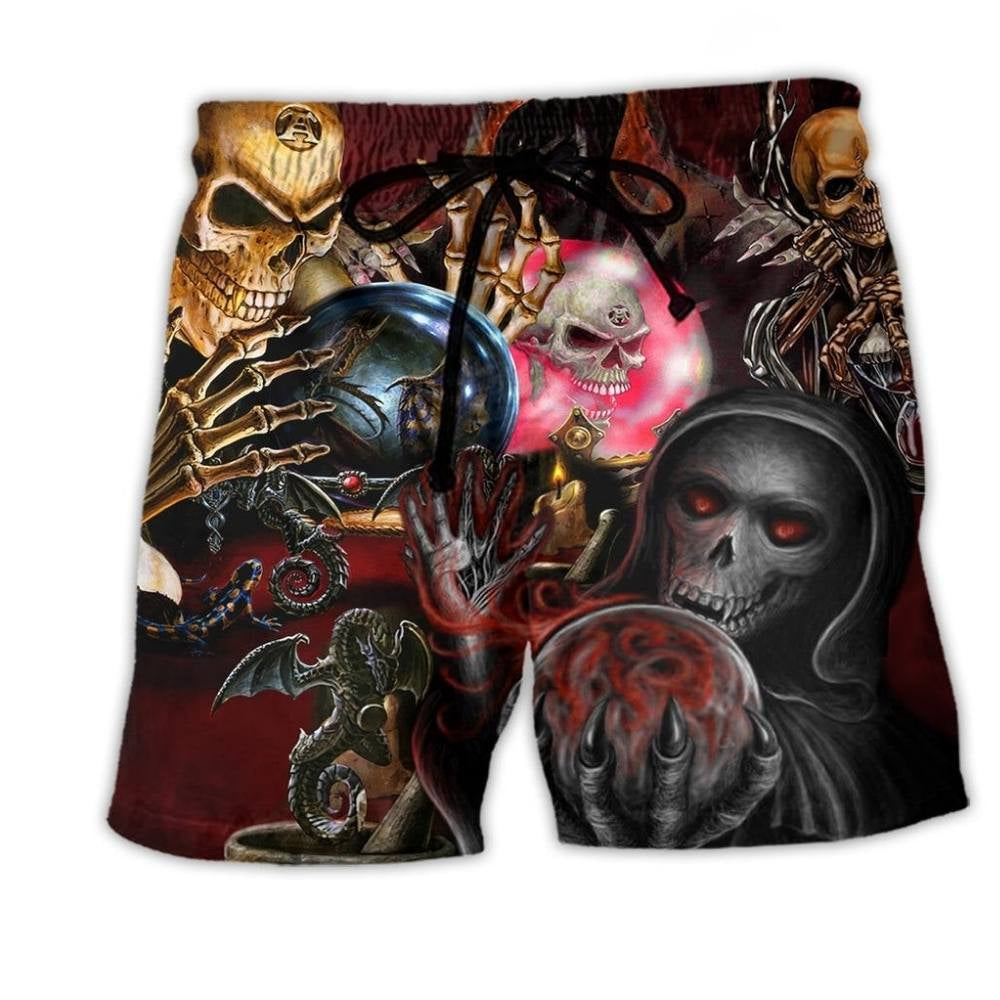 Skull Hello Darkness Theme Beach Shorts Artwork Detail For Coastal Festival Trips