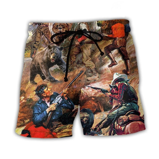 Hunting Bear Cowboy Wilderness Beach Shorts For Summer Vacation And Coastal Travel
