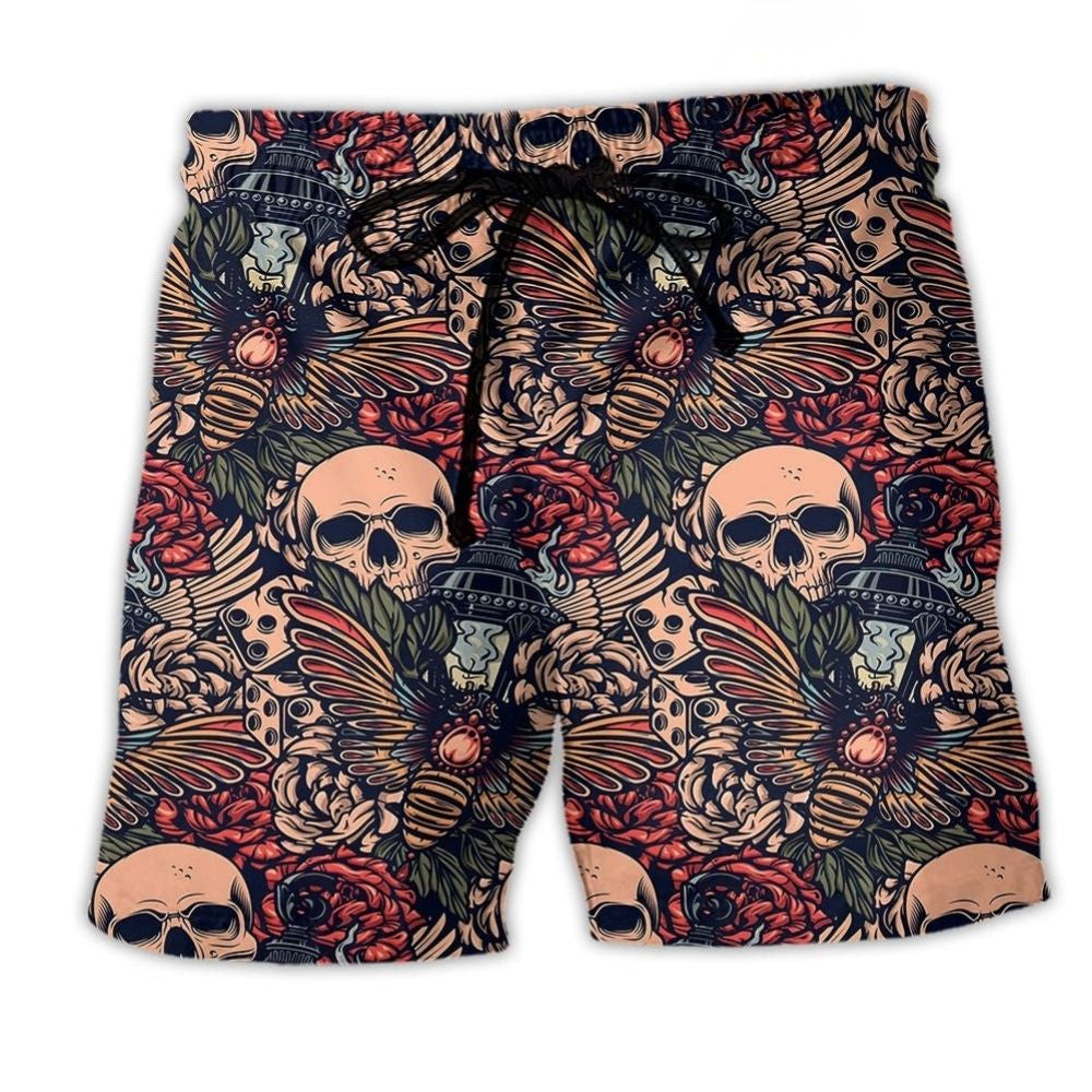 Floral Skull Tattoo Beach Shorts For Weekend Escapes And Comfortable Resort Style