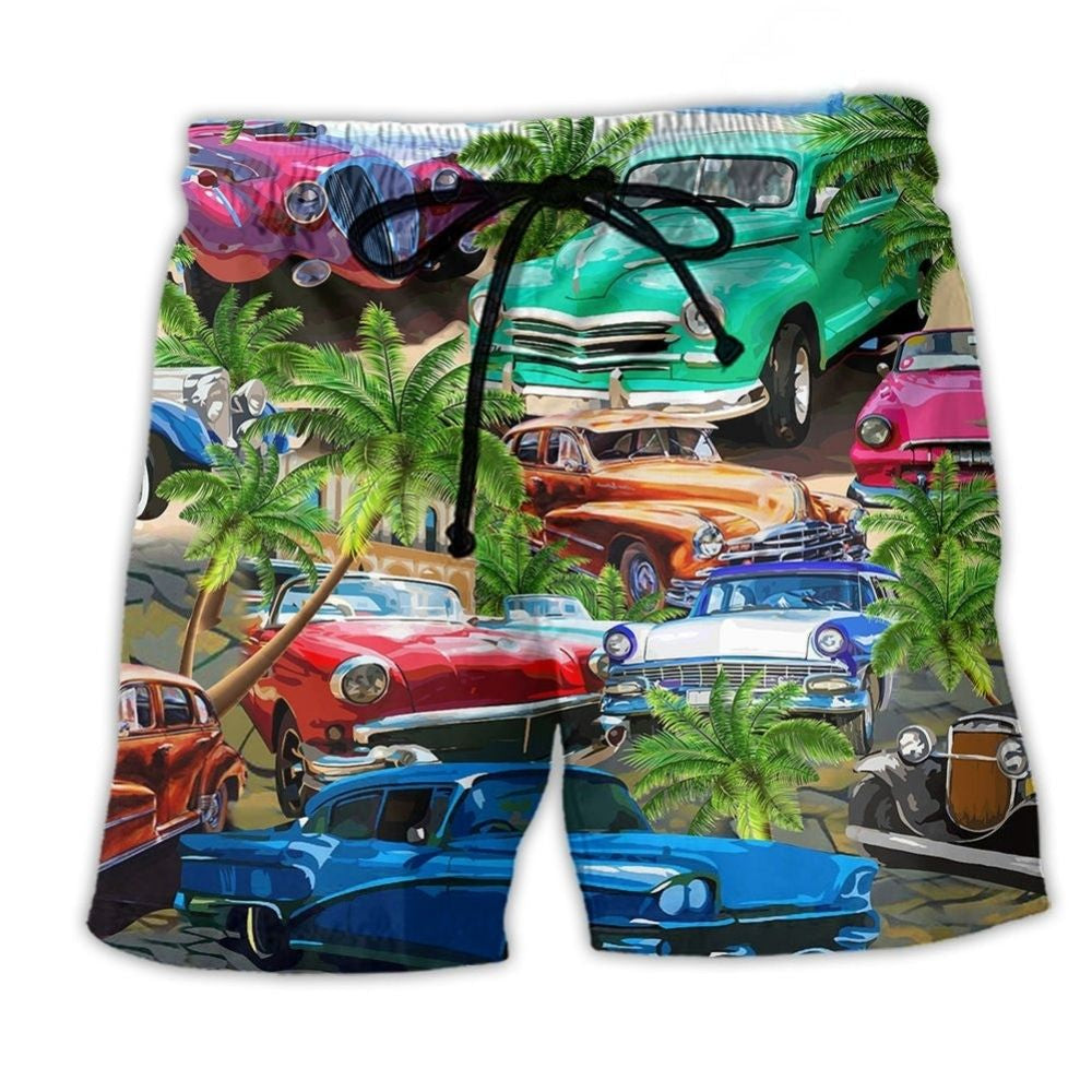 Classic Car Happy Ride Beach Shorts Print Detail For Thoughtful Gift Giving