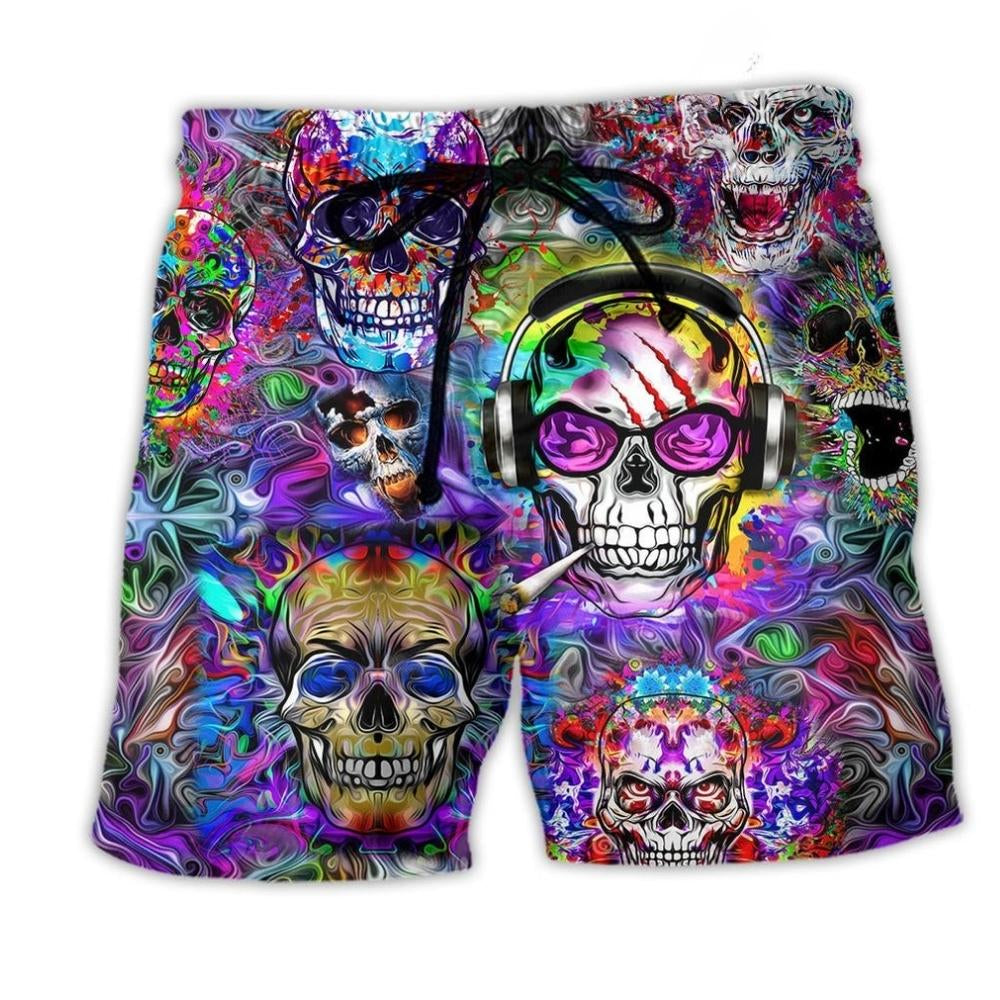 Hippie Skull Colorful Flowers Beach Shorts Print Detail For Dark Fantasy Summer Style