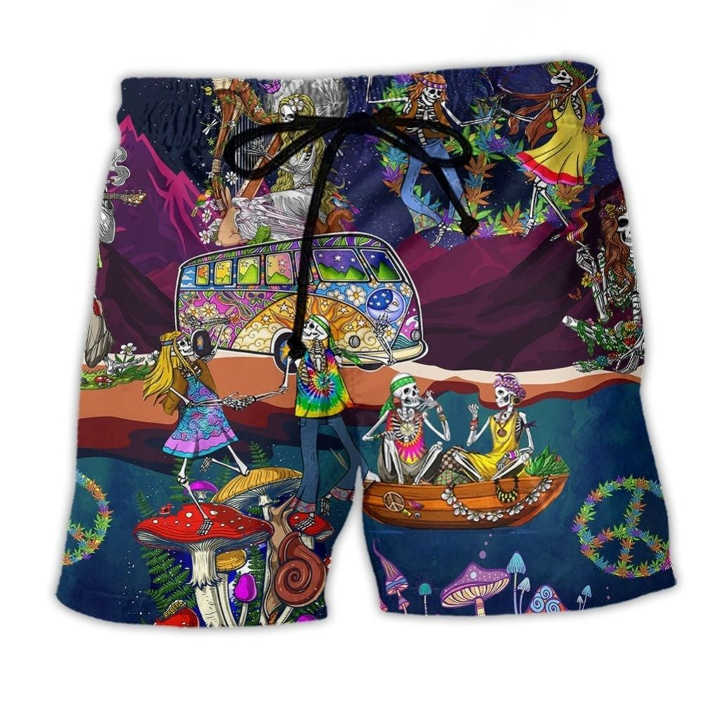 Hippie Bus Skull Dancing Moon Beach Shorts For Halloween Vacation And Festival Style