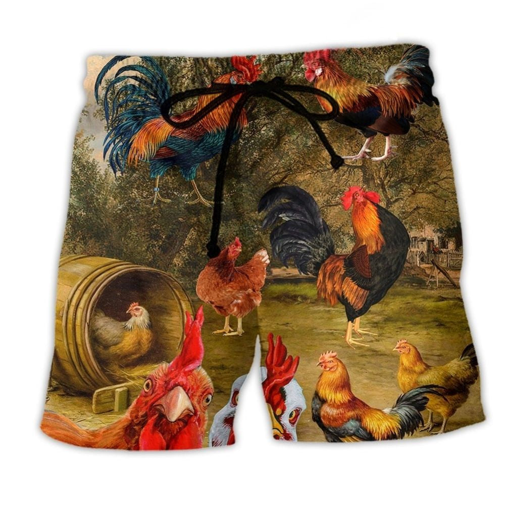 Vintage Garden Chicken Farm Beach Shorts Pattern Detail For Sunny Outdoor Activities
