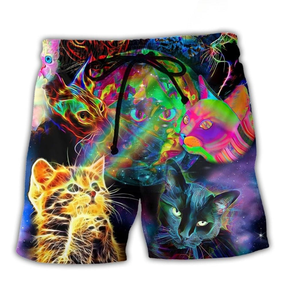 Psychedelic Cat Neon Galaxy Beach Shorts For Tropical Getaways And Weekend Adventures