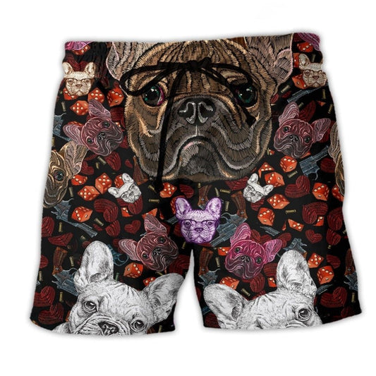 Bulldog Dog Embroidery Cute Beach Shorts Artwork Detail For Casual Warm Weather Outfits