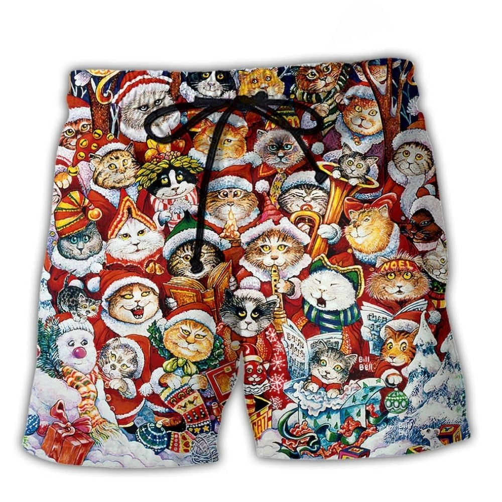 Funny Christmas Cat Happiness Beach Shorts Artwork Detail For Tropical Travel And Everyday Wear