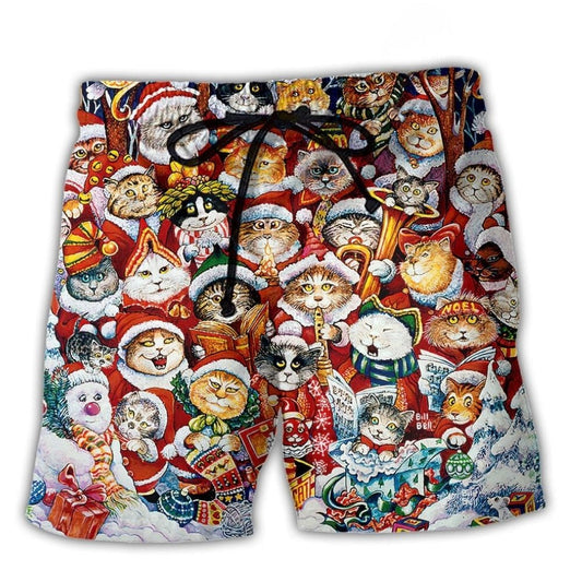 Funny Christmas Cat Happiness Beach Shorts Artwork Detail For Tropical Travel And Everyday Wear