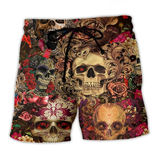 Dead Skull Floral Beach Shorts For Tropical Holidays And Easy Warm Weather Wear