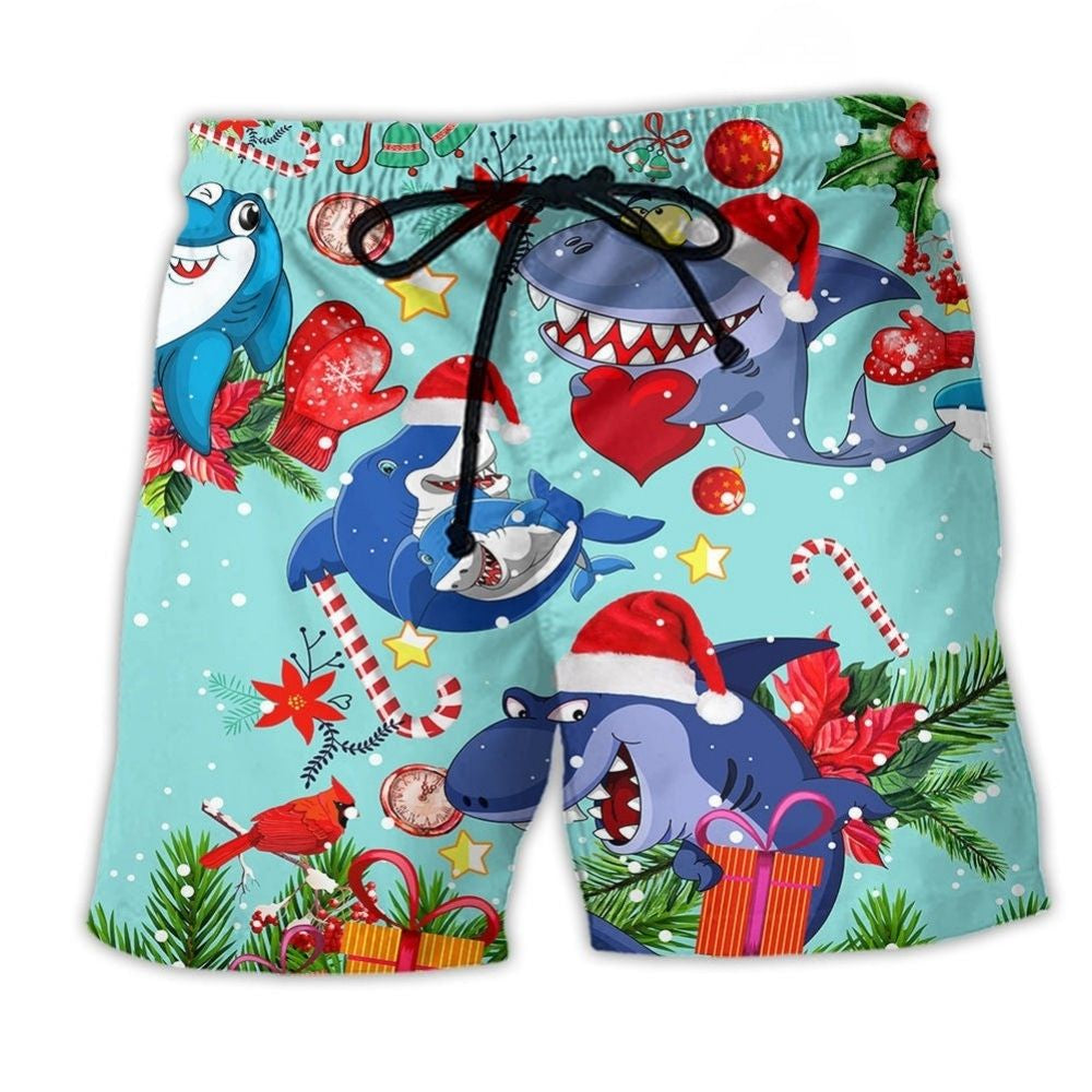 Shark Christmas Ocean Theme Beach Shorts Design Detail For Resort And Beach Day Style