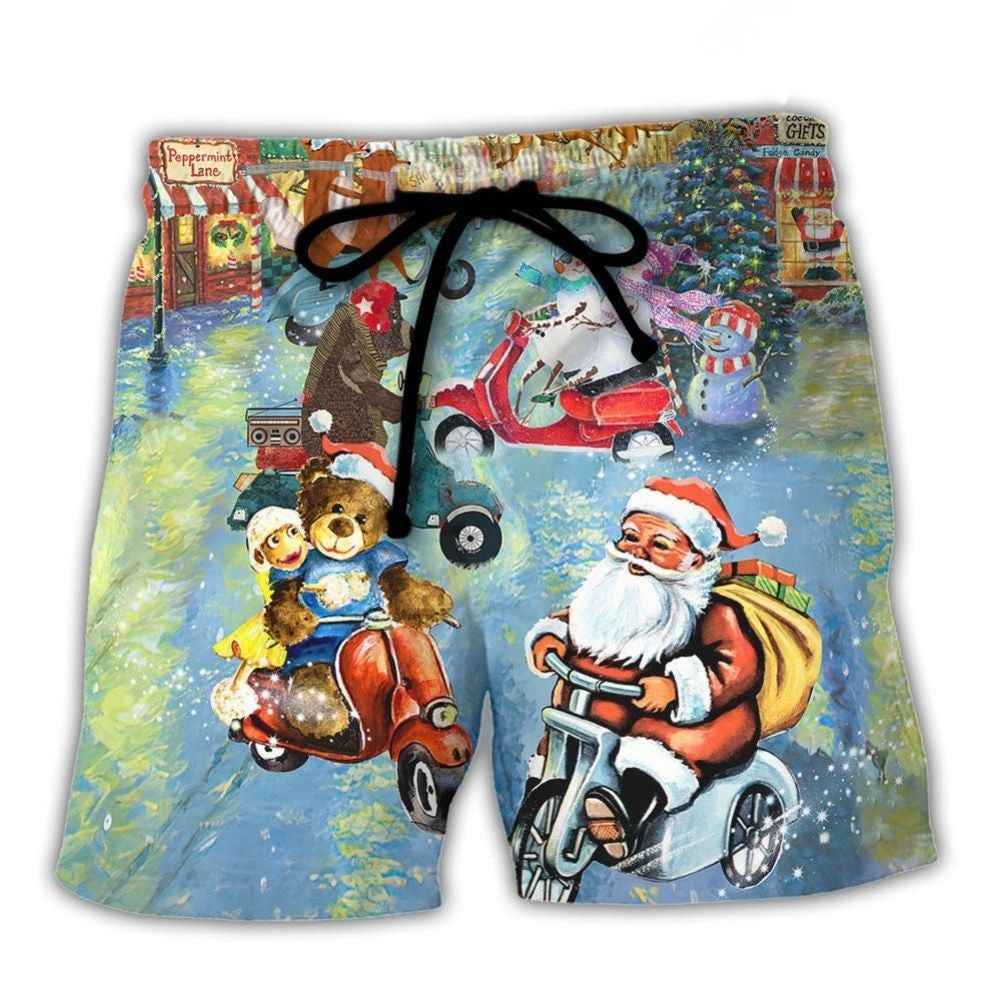 Christmas Santa And Animals Scooter Fun Beach Shorts Pattern Detail For Sunny Outdoor Activities