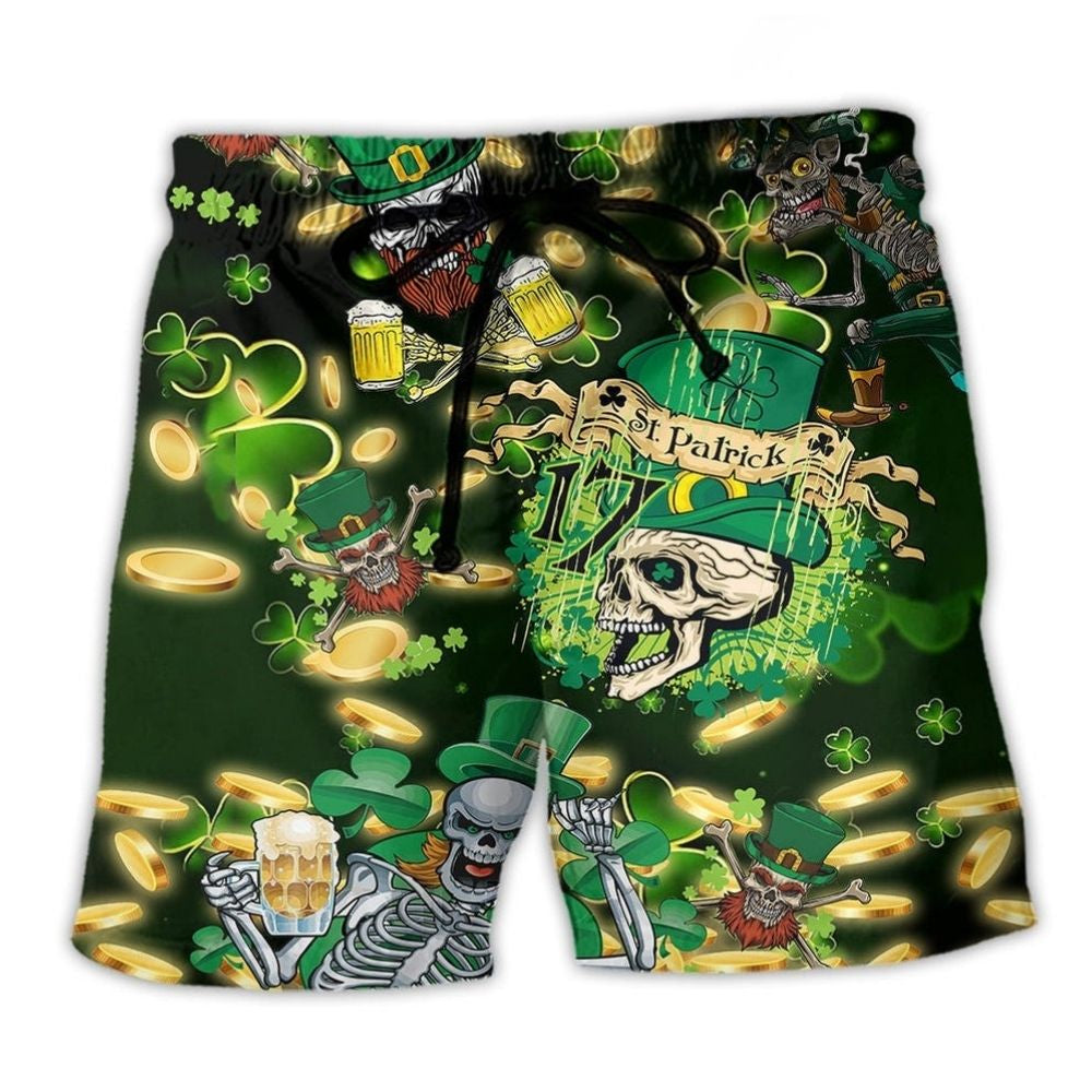 Irish Skull Loves Beer Beach Shorts Design Detail For Spooky Season Travel