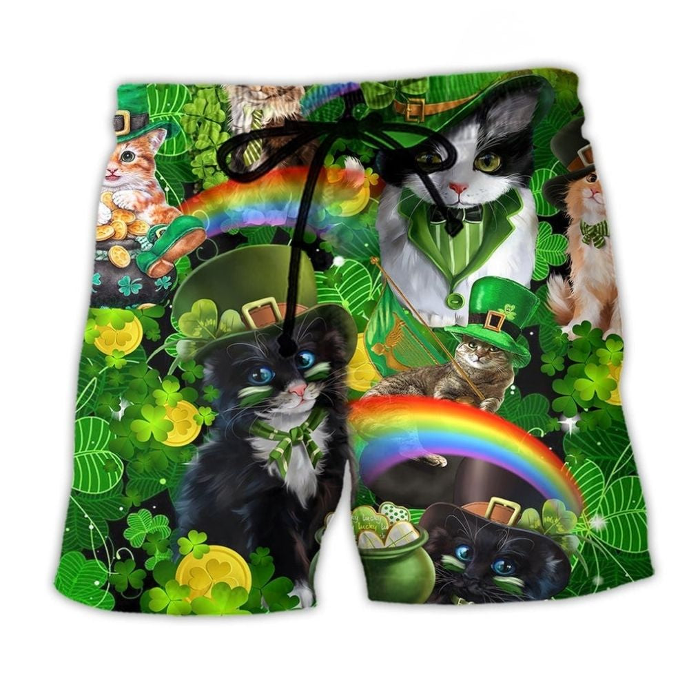 Irish Cat Shamrocks Green Beach Shorts For Outdoor Adventures And Leisure And Relaxation