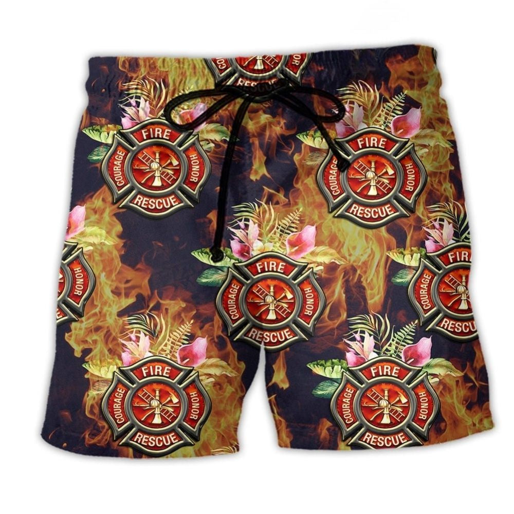 Firefighter Tropical Floral Colorful Beach Shorts Pattern Detail For Relaxed Warm Weather Outfits