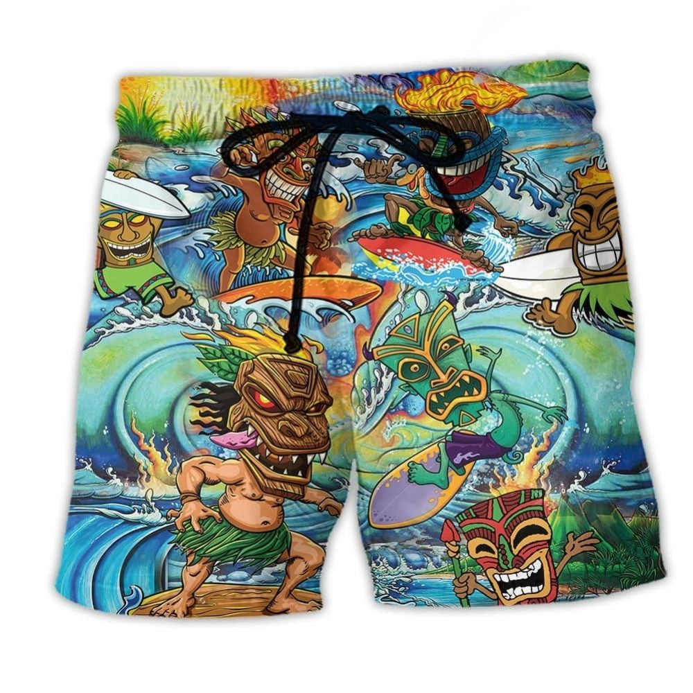 Tiki Aloha Surf Sunset Vibes Beach Shorts Pattern View For Relaxed Vacation Styling