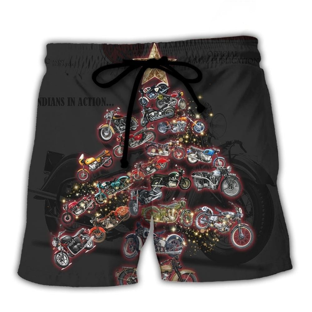 Christmas Motorcycle Tree Retro Holiday Beach Shorts Design Detail For Casual Warm Weather Outfits