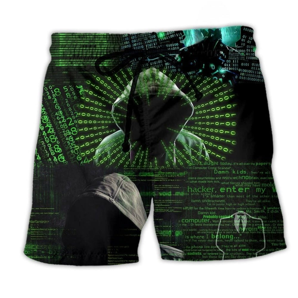 Green Hacker Cyber Beach Shorts Print Detail For Beach Activities And Vacation Wear