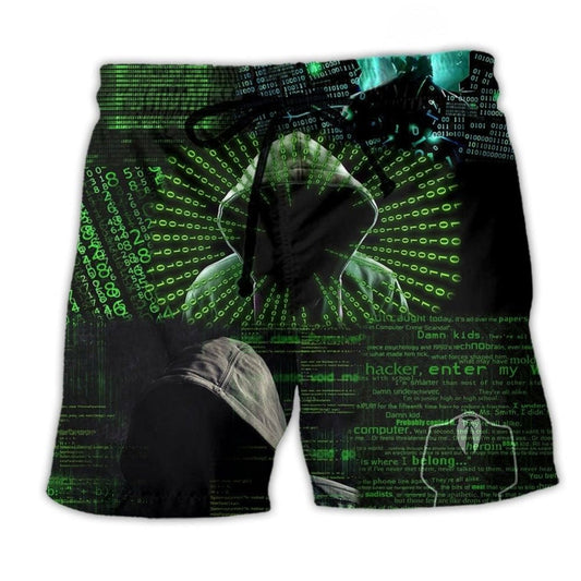 Green Hacker Cyber Beach Shorts Print Detail For Beach Activities And Vacation Wear