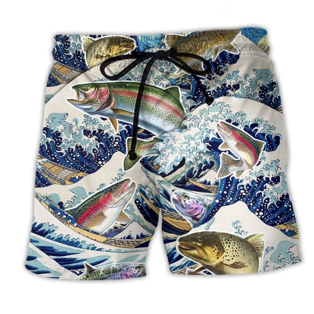 Trout Fishing Big Wave Action Beach Shorts Design View For Comfortable Resort And Beach Styling