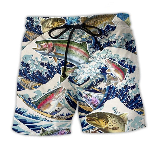 Trout Fishing Big Wave Action Beach Shorts Design View For Comfortable Resort And Beach Styling