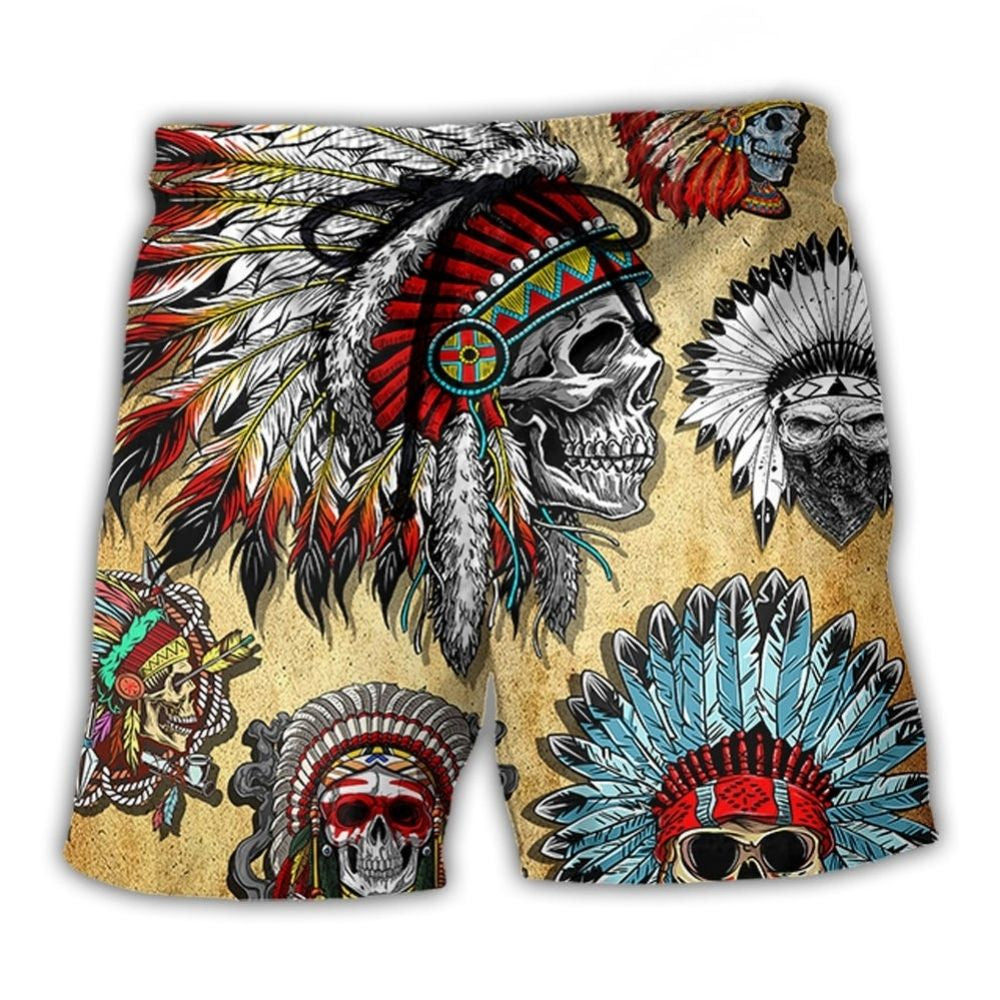 Native Skull Vintage Artistic Beach Shorts Pattern View For Resort Days And Outdoor Activities