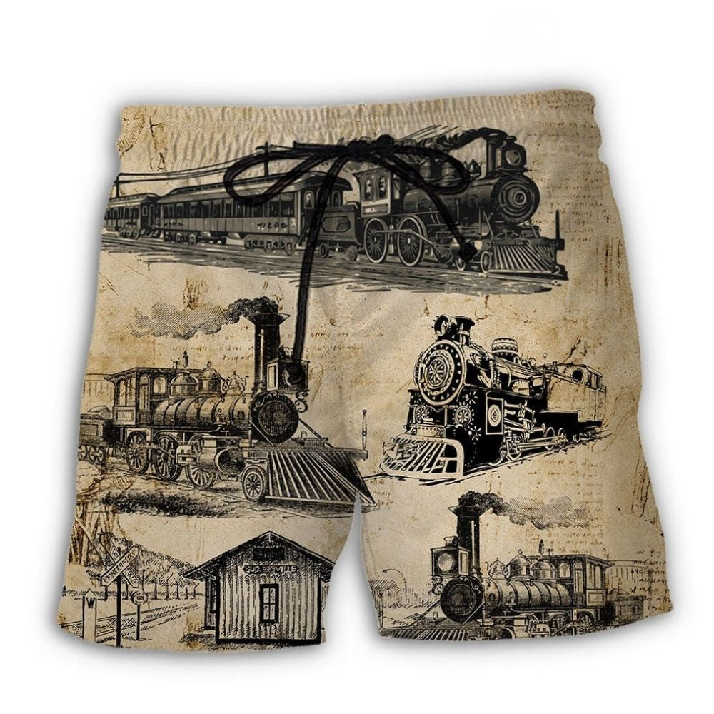 Vintage Train Sketch Beach Shorts For Warm Weather Travel And Everyday Comfort