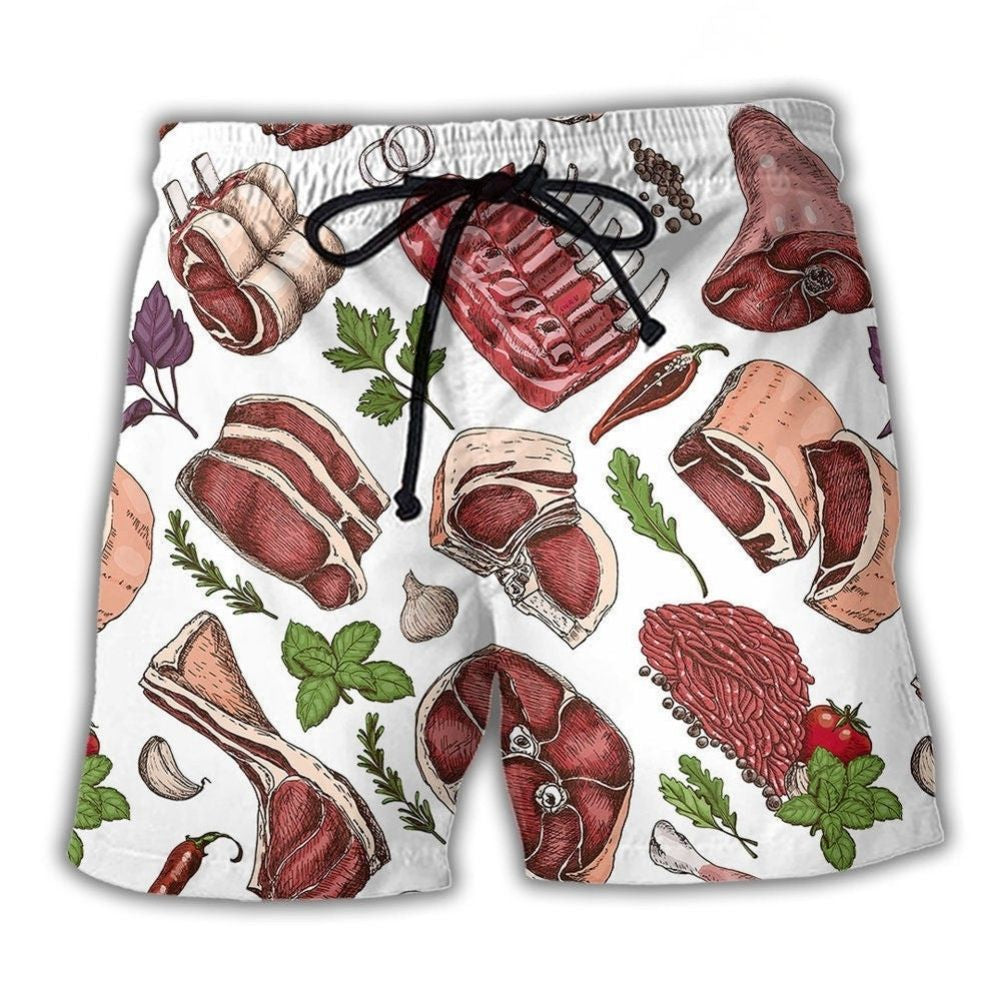Delicious Meat Food Lover Beach Shorts Design View For Summer Events And Coastal Getaways