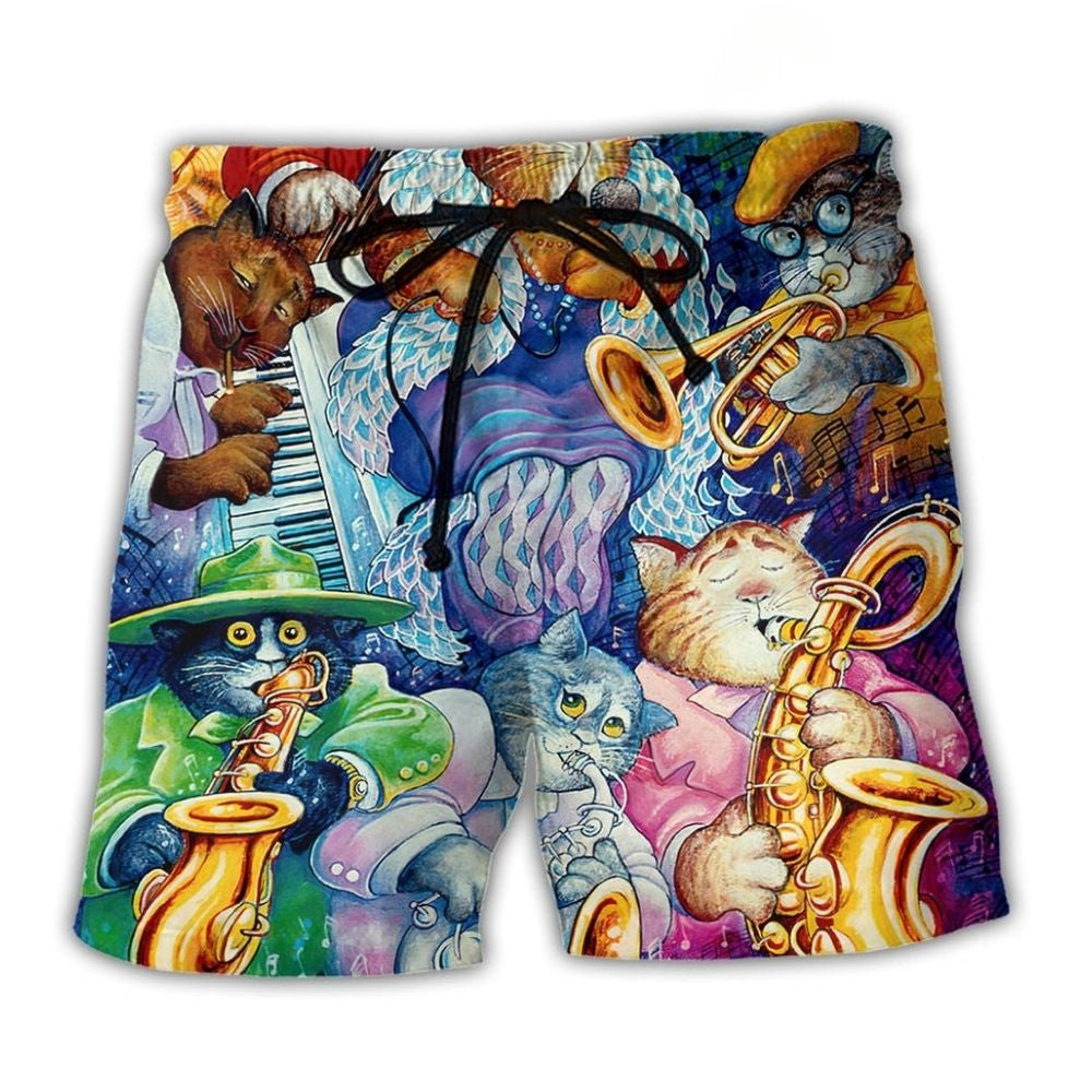 Funny Cat Jazz Music Beach Shorts Design Detail For Casual Warm Weather Outfits