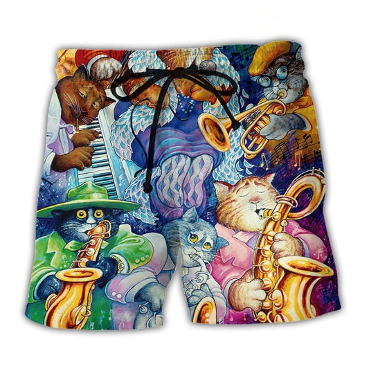 Funny Cat Jazz Music Beach Shorts Design Detail For Casual Warm Weather Outfits