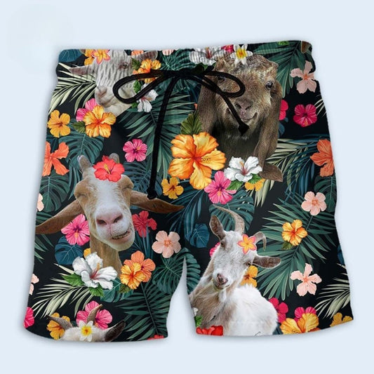 Goat Aloha Flower Pattern Beach Shorts For Tropical Vacation And Coastal Travel