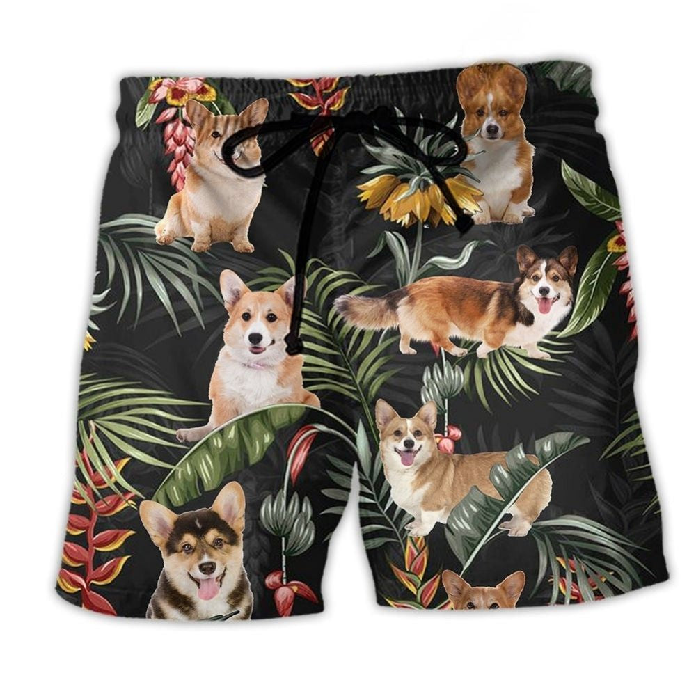 Corgi Dog Tropical Leaf Cute Beach Shorts Print Detail For Beach Activities And Vacation Wear