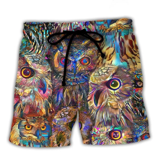 Neon Owl Colorful Wildlife Beach Shorts Artwork View For Seaside Trips And Casual Style