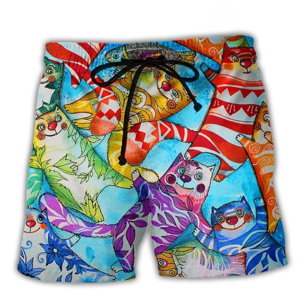Cat And Fish Funny Friendship Beach Shorts Artwork View For Seaside Trips And Casual Style