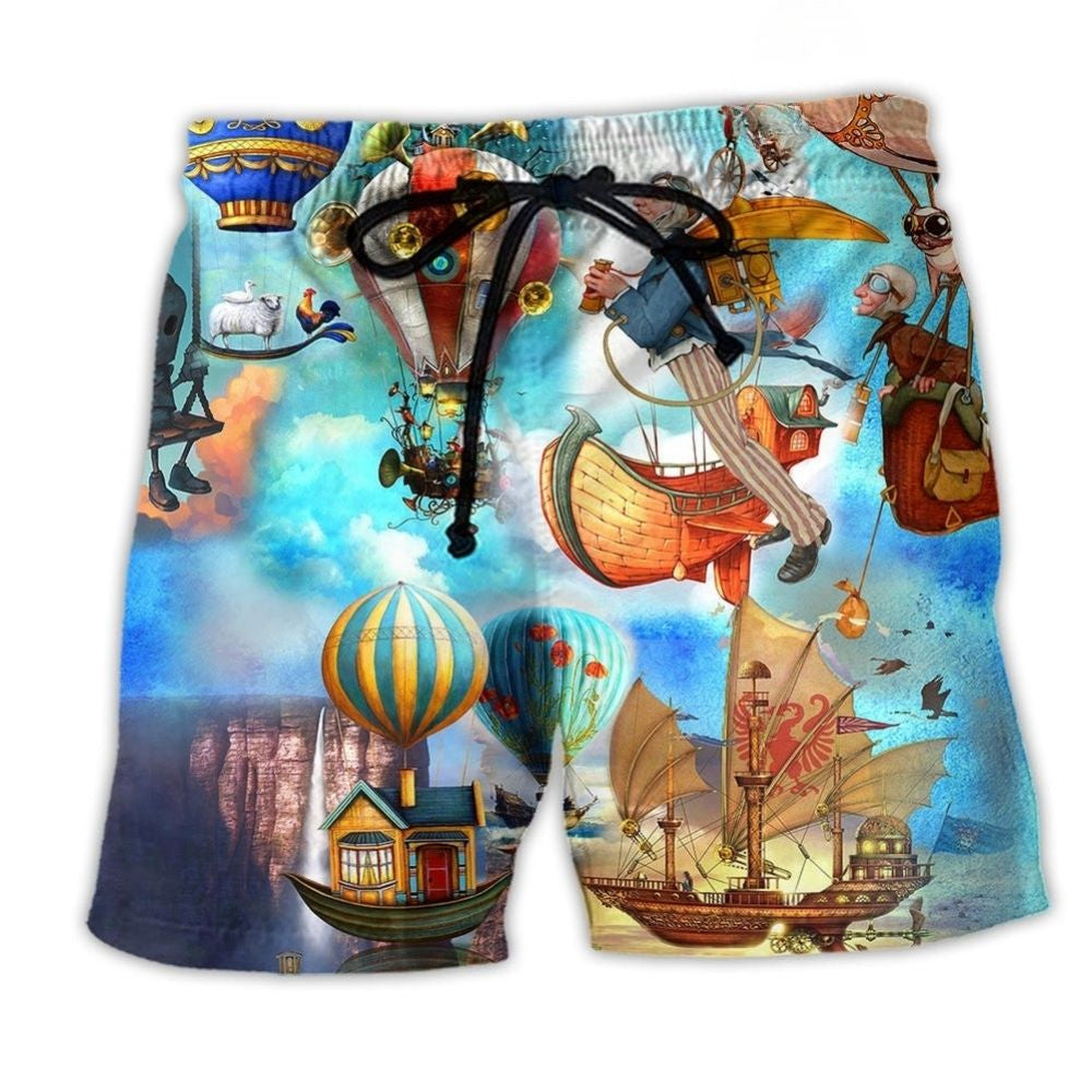 Steampunk Air Balloon Beach Shorts For Coastal Adventures And Lightweight Summer Style