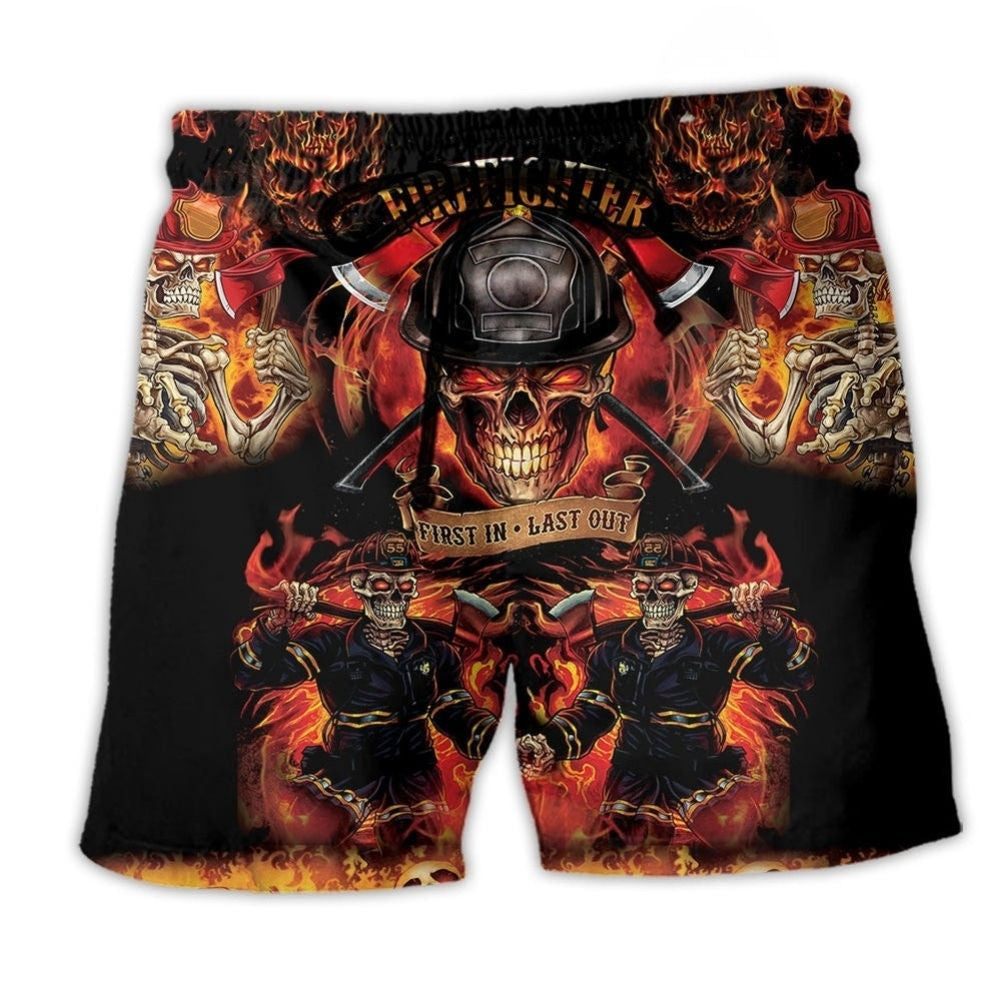 Firefighter Red Black Beach Shorts Pattern View For Weekend Trips And Outdoor Activities