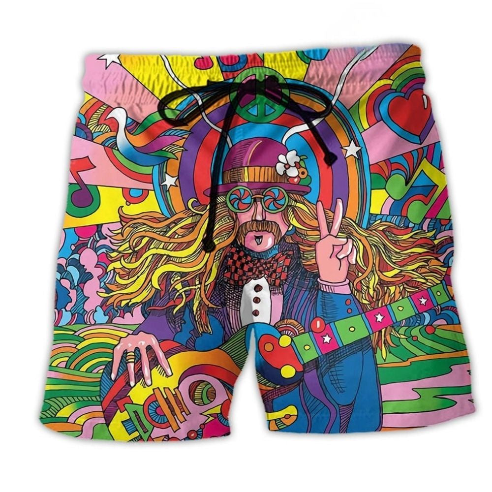 Hippie Rock Music Colorful Beach Shorts Design Detail For Weekend Getaways And Beach Days