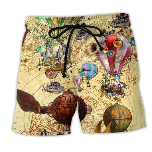 Air Balloon Steampunk Fly Playful Beach Shorts Artwork Detail For Casual Warm Weather Outfits