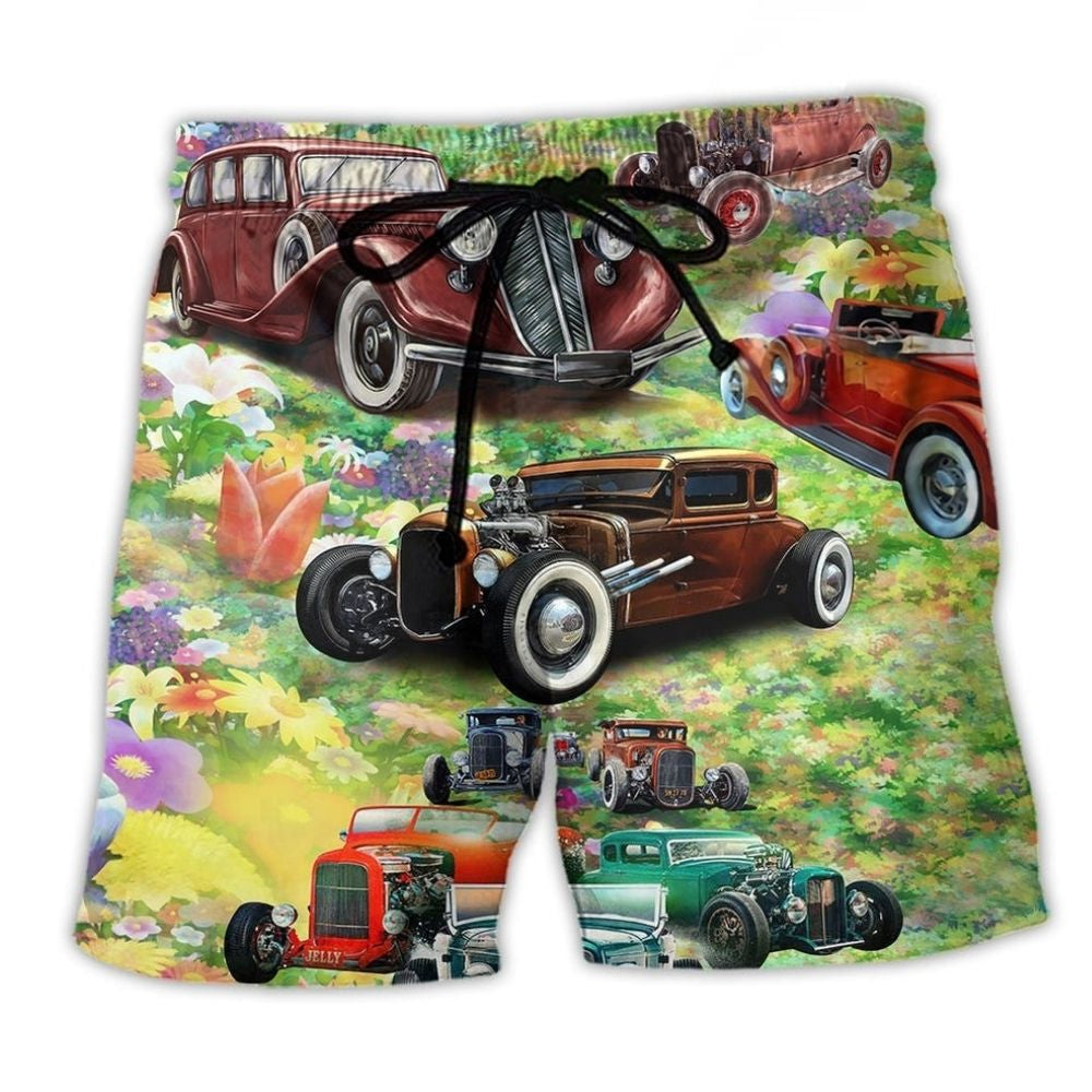 Hot Rod Too For Boring Cars Beach Shorts Design Detail For Motorsport Fans And Vacation Style