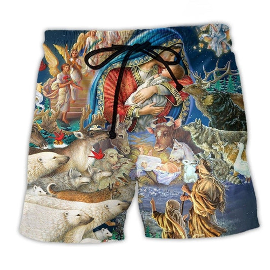 Jesus Nativity Glory Night Beach Shorts For Island Escapes And Bright Summer Outfits