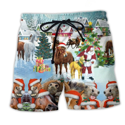 Merry Christmas Horse Beach Shorts For Beach Days And Easy Warm Weather Wear