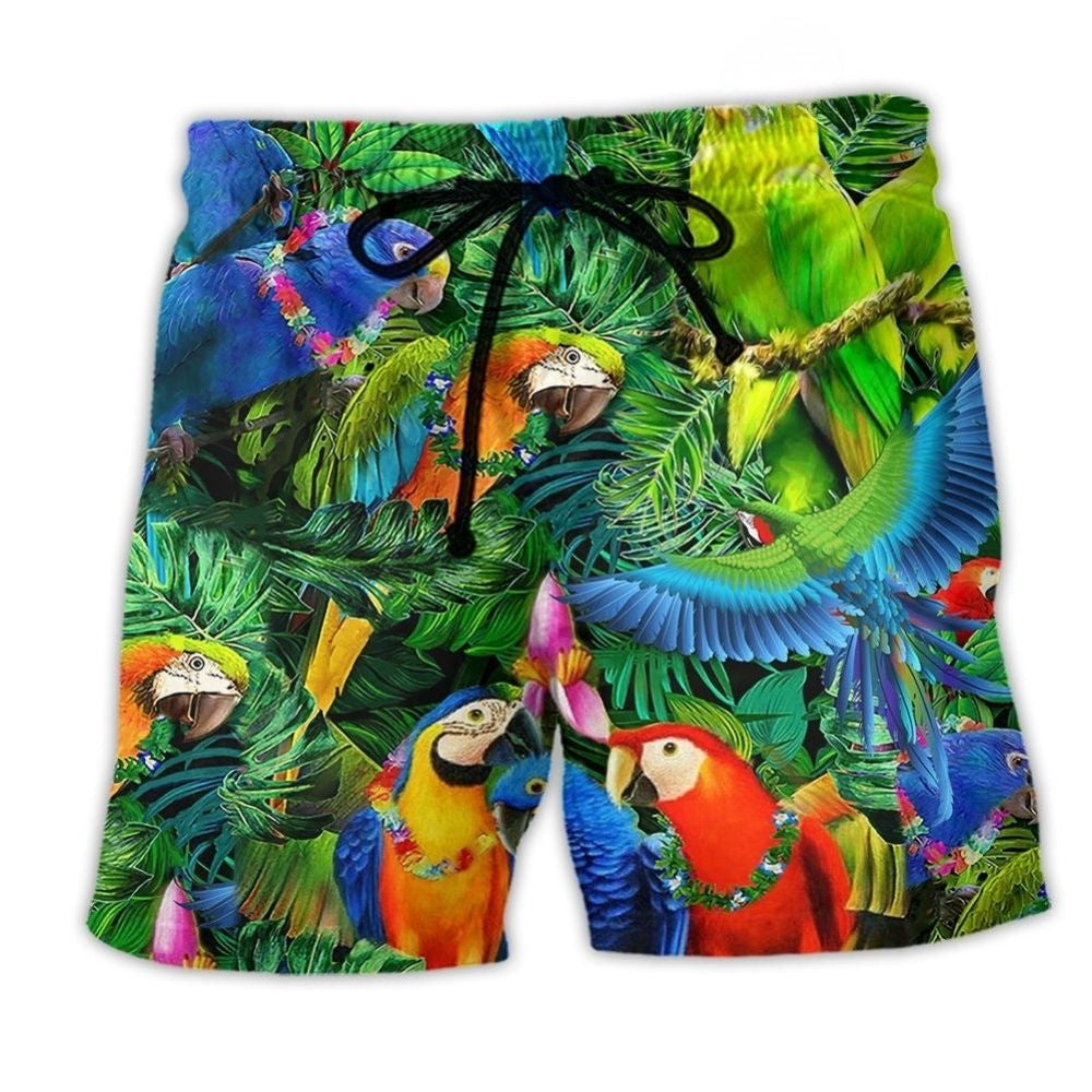 Parrot Couple Tropical Beach Shorts Design Detail For Resort And Beach Day Style