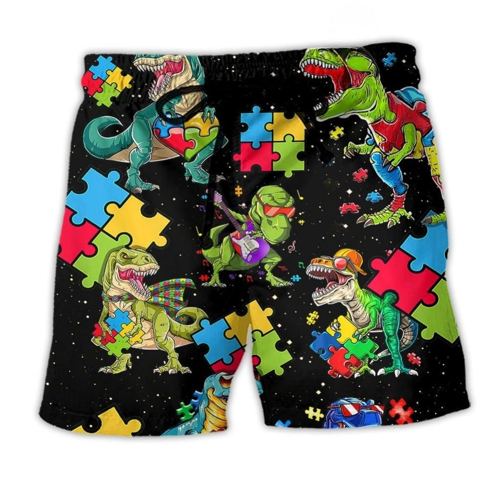Autism Dinosaur Cool Black Beach Shorts For Resort Travel And Thoughtful Summer Gifting