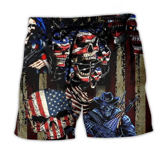 America Angry Skull Beach Shorts For Summer Vacation And Coastal Travel