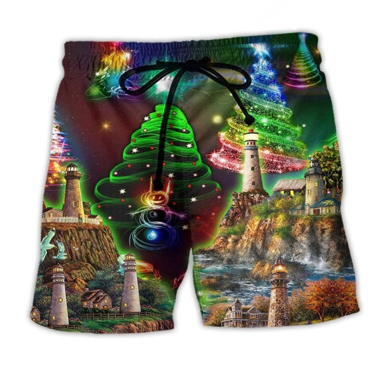 Lighthouse Merry Christmas Beach Shorts For Holiday Cruises And Flexible Everyday Wear