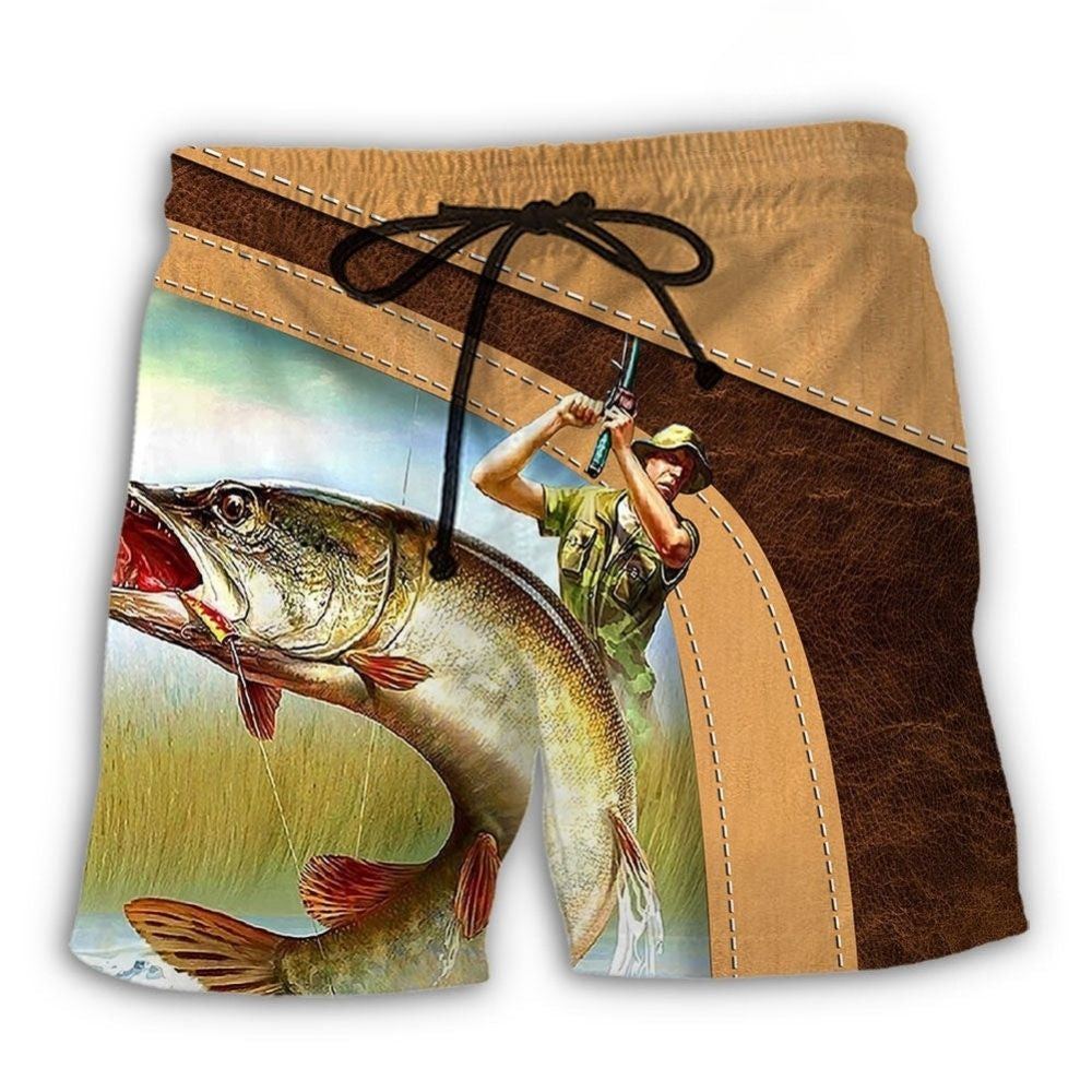 Old Fisherman And The Best Catch Beach Shorts Artwork Detail For Tropical Travel And Everyday Wear