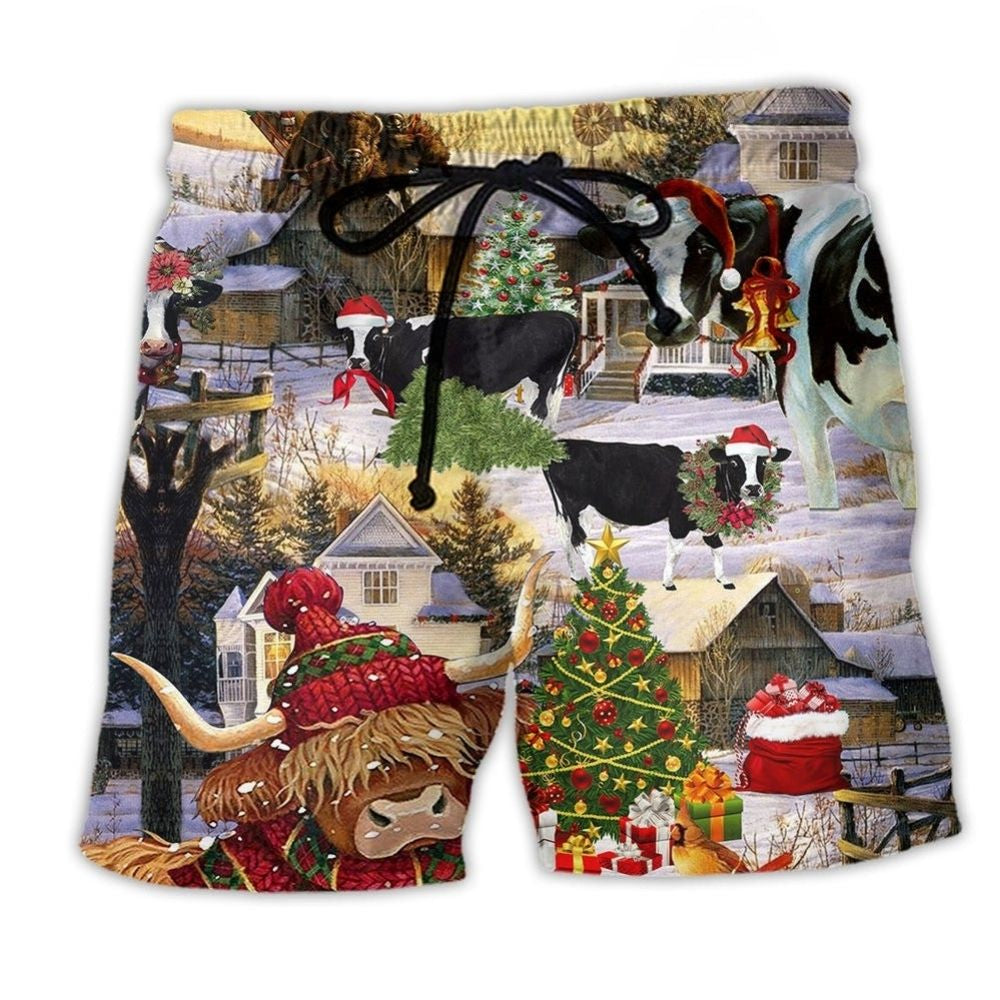 Christmas Cow Animal Classic Beach Shorts Design Detail For Seasonal Resort Style