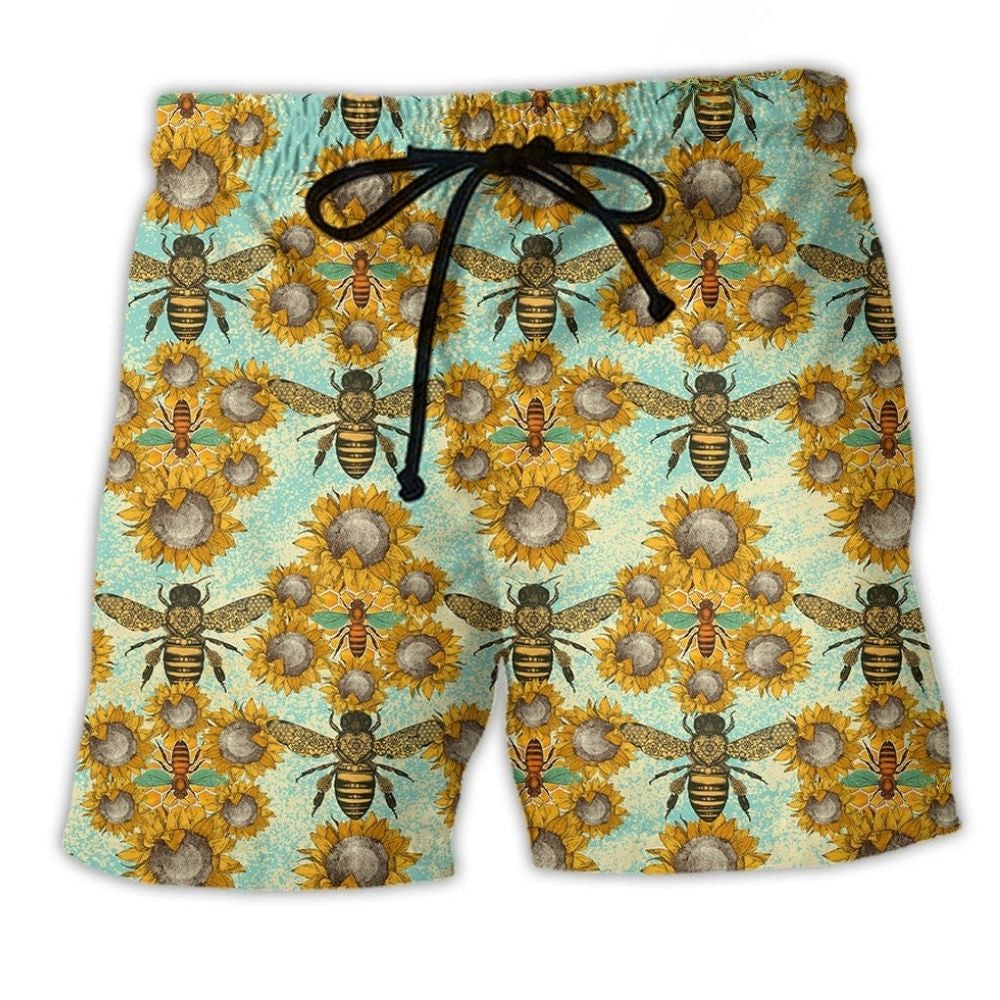 Bee Loves Sunflowers Nature Beach Shorts Pattern View For Coastal Holidays And Casual Activities