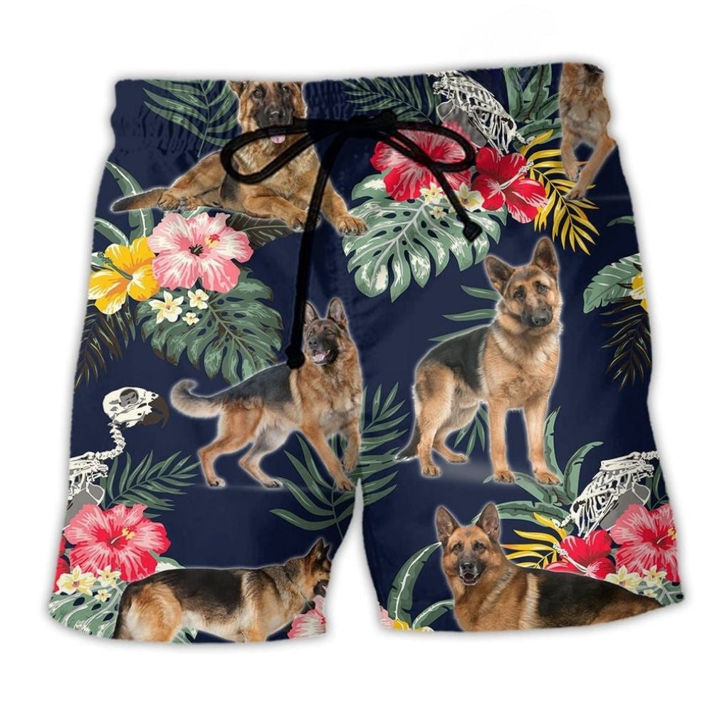 German Shepherd Tropical Floral Beach Shorts Pattern Detail For Sunny Outdoor Activities