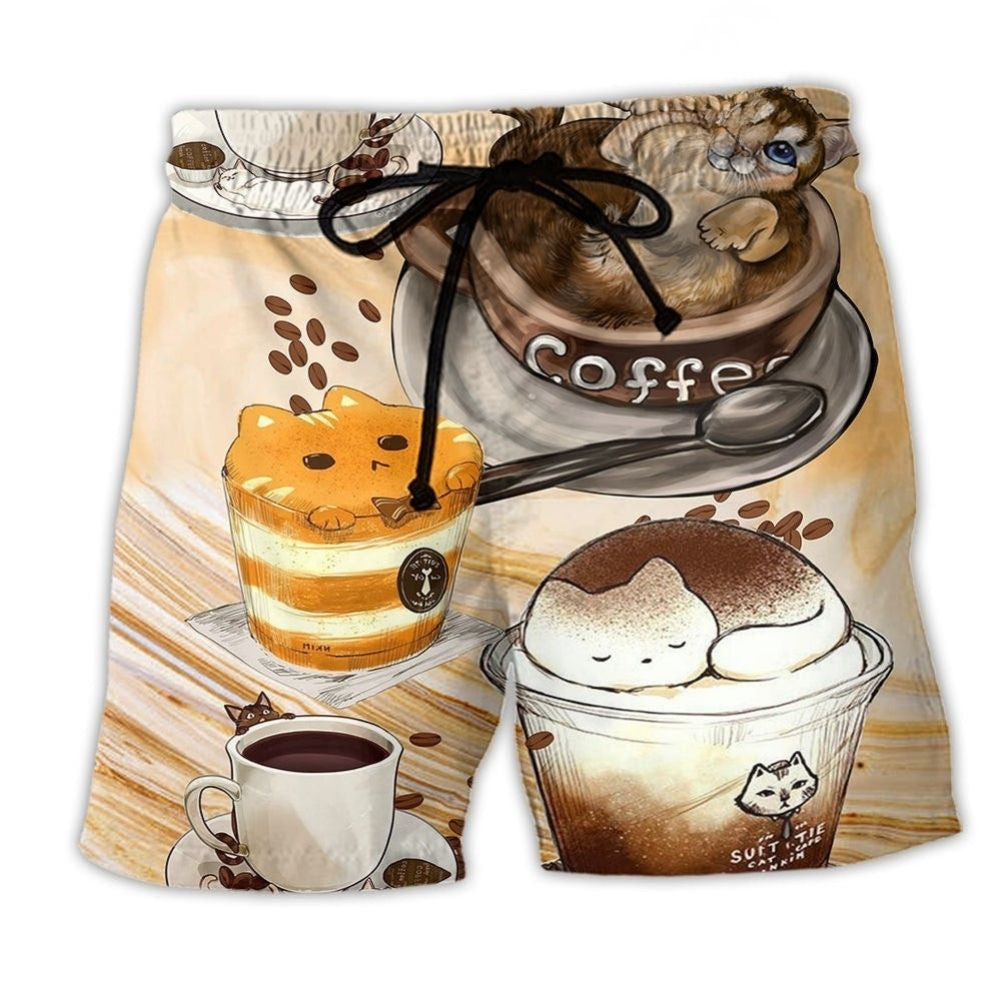 Cat Coffee Cup Beach Shorts For Summer Festivals And Travel Ready Comfort