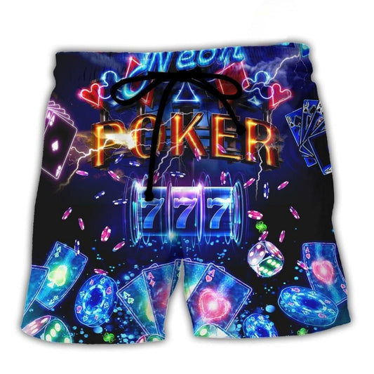 Neon Poker Casino Jackpot Beach Shorts For Beach Trips And Relaxed Vacation Styling
